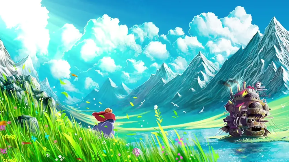 Descargar Fondo de Pantalla Animado de El Castillo Ambulante: Pétalos en la Montaña 4K