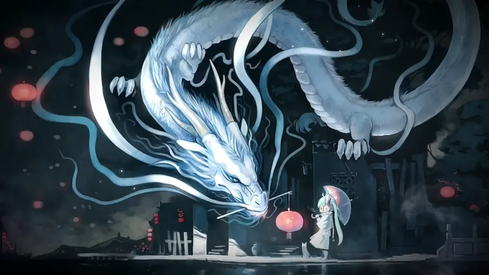 Descargar Fondo de Pantalla Animado de Hatsune Miku: Dragón y Paraguas 4K