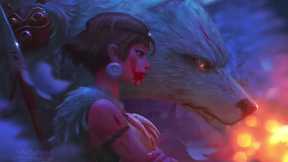 Descargar Fondo de Pantalla Animado de La Princesa Mononoke: San y Moro Iluminados 4K