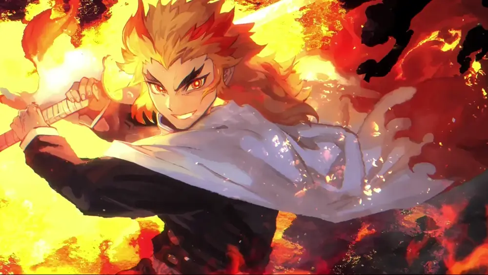 Kyojuro Rengoku entre llamas – Fondos de Pantalla Animado